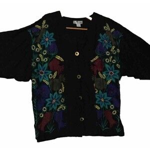 Vtg Art To Wear 90s Streetwear Daily Planet Black Jacket Floral Embroide…
